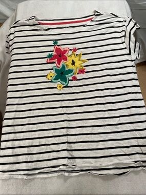 Kim Rogers Black & White Striped Tee with Vibrant Floral Appliqué